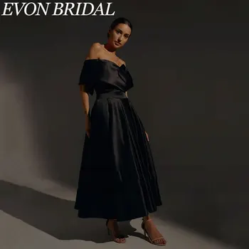 Вечернее платье EVON BRIDAL из черного атласа, Классическое вечернее платье с открытыми плечами, коротким рукавом, на шнуровке, без спинки, Vestidos De Gala 2024