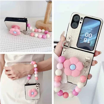 OPPO Find N2 Flip Luxury Cute Case, модный 3D держатель для цветов, кожаный защитный чехол для телефона с красочным браслетом