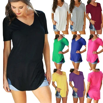 Летняя Женская футболка с V-образным вырезом и короткими рукавами, свободные повседневные топы для женщин, черные футболки S-5Xl 9 цветов, женские футболки 2023 года выпуска
