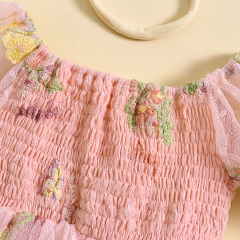 Платье-комбинезон с цветочной вышивкой для новорожденных девочек, Тюлевый комбинезон с короткими пышными рукавами и повязкой-бантом на голове