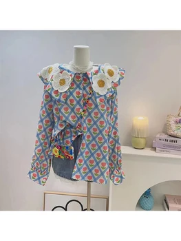 Осенние Французские винтажные топы с отложным воротником, женская мода 2023 года, Дизайнерская рубашка Mori Girl с цветочным рисунком, Роскошные блузки с длинным рукавом, Эстетика