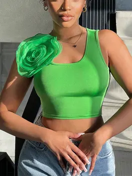 Летняя женская майка без рукавов с 3D цветочным принтом, модный Зеленый облегающий жилет с открытой спиной, Женские летние укороченные топы для вечеринок и клубов 2023 года.