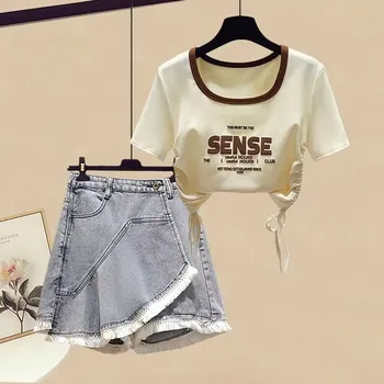 В розницу Новые летние модные комплекты для подростков для маленьких девочек, футболка + джинсовые юбки-шорты, 5-12 Т