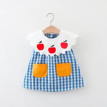 Детское платье для девочки, летнее модное хлопковое платье с кукольным воротником, милое синее клетчатое детское платье, детская одежда