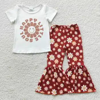 P0206 Осенние наряды для детей, топ с короткими рукавами и штаны, комплект из 2 предметов, бутик одежды для девочек