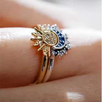 Винтажное кольцо для пары в стиле Бохо Золотого цвета с солнечно-голубым цирконием и лунным светом, роскошный Набор колец для вечеринки, Юбилейные украшения
