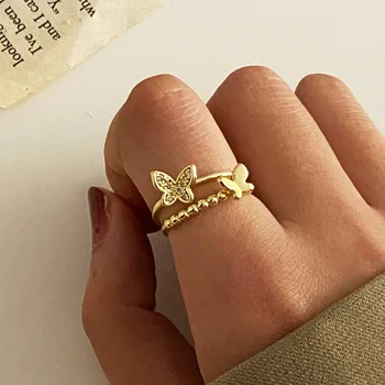 Двойное кольцо в виде бабочки с микро-инкрустацией Для женщин, винтажные кольца с цирконием, Модные женские украшения с регулируемым отверстием