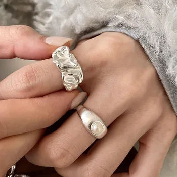 Кольца из стерлингового серебра 925 пробы с геометрическим рельефом и жемчугом для женщин и девочек, простые корейские модные Регулируемые кольца ручной работы, подарки для пары