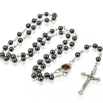 Гематитовые Четки из бисера, ожерелье, Крест, Подвеска Juses для мужчин, католические Религиозные украшения