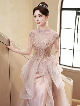 Розовое роскошное вечернее платье для банкета, расшитое бисером, Изысканное пышное платье с круглым вырезом и без рукавов, расшитое блестками, Элегантное длинное вечернее платье