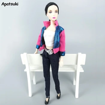 1 комплект модной одежды для куклы Барби, розовое голубое пальто, Джинсы, брюки, топ, одежда ручной работы для куклы Барби, Аксессуары для детей
