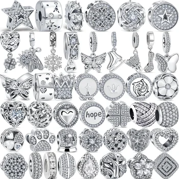 Подходят к оригинальному браслету Pandora Charms, ювелирным изделиям DIY, новой короне из стерлингового серебра 925 пробы, цветочному сердцу, блестящим простым бусам серебряного цвета