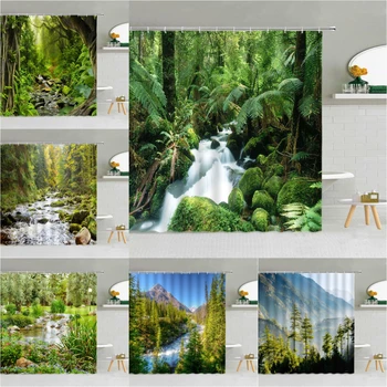 Лесные пейзажи Занавеска для душа, водопады, Зелень тропического леса, Природные пейзажи, Солнечные реки, Альпийское украшение ванной комнаты