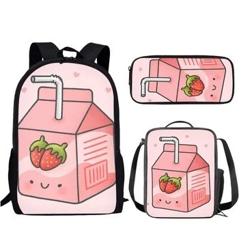Повседневный рюкзак с рисунком розового клубничного сока для подростков, школьная сумка с ланчем, сумка для карандашей, Кампусный повседневный рюкзак