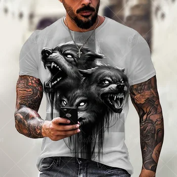 Мужские футболки с рисунком волка, Летние топы с короткими рукавами и животным принтом, свободные футболки, футболка оверсайз для мужской одежды футболка мужская