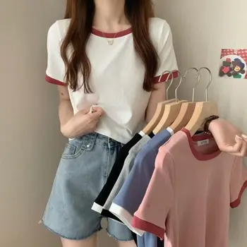 Контрастная женская осенняя футболка с круглым вырезом и короткими рукавами, Корейская версия, приталенный Студенческий топ-тренд