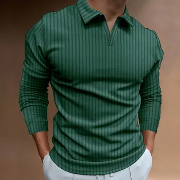 Топ-скраб с длинным рукавом, мужская повседневная осенняя футболка из ткани в полоску с V-образным вырезом и отложным воротником, топы с длинным рукавом, футболка