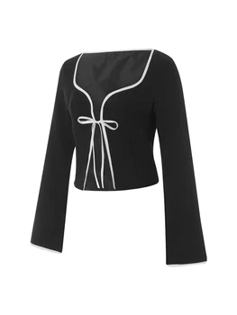 Женская футболка с длинным рукавом и завязками контрастного цвета, женские осенние топы, клубная одежда для вечеринок