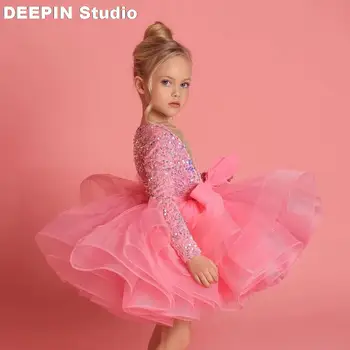 2023 Новая Розовая иллюзия блеска, Пышные вечерние платья для девочек, Многослойное пышное платье принцессы для девочек, Блестящее роскошное платье для причастия на день рождения