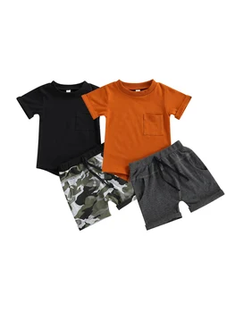 Креативная одежда для маленьких мальчиков из 2 предметов, топ с круглым воротом и короткими рукавами, с карманами, камуфляжный принт, однотонный комплект детских шорт