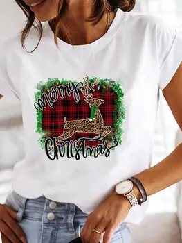Футболка с коротким рукавом, графическая одежда с принтом, женская одежда в стиле леопардового оленя, модные новогодние праздничные футболки, Женские Рождественские футболки