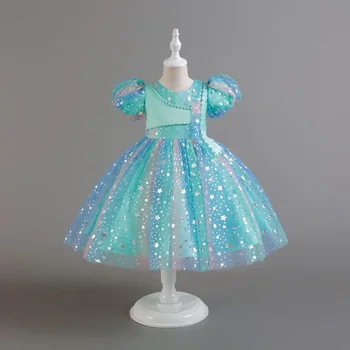 2023, Новое сетчатое платье принцессы для девочек с пузырчатыми рукавами, платье для фортепианного шоу на день рождения, детское пышное платье со звездами и блестками