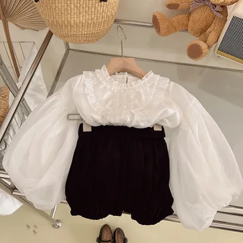 Весенне-осеннее платье, новый корейский шифоновый топ для кукол с длинными рукавами и пышными рукавами, универсальные шорты в виде тыквы, детская одежда из двух предметов для девочек