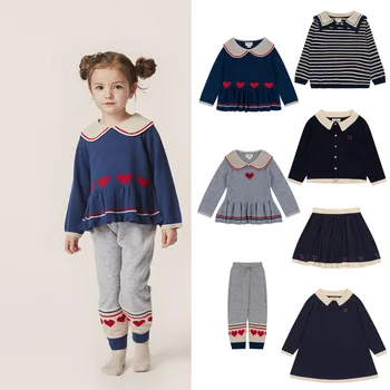 Детская одежда, осенний свитер, детский темно-синий свитер с вырезом + комплект юбки в академическом стиле, детский осенний комплект 2023