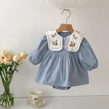 Новая весенняя детская одежда 2023 года, милое голубое платье с вышивкой для маленьких девочек, комбинезон для новорожденных девочек