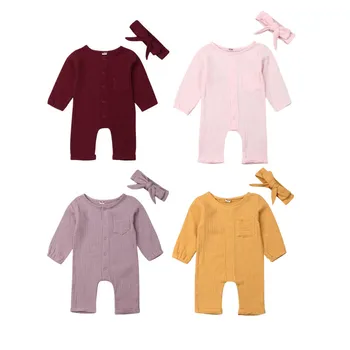 Детский комбинезон 2019 г., осенний однотонный комбинезон с длинными рукавами для новорожденных девочек, осенняя одежда, топы, комплекты от 3 до 24 м