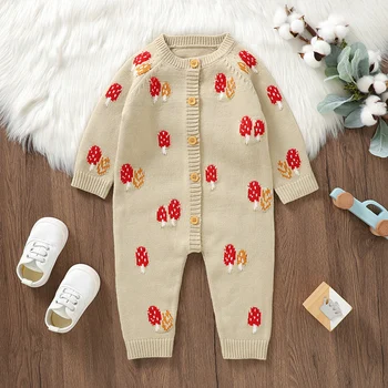 Детский комбинезон, Вязаная Одежда для младенцев 0-18 м, Комбинезон с модной вышивкой в виде гриба, Комбинезон для новорожденных девочек и мальчиков, Длинный рукав, Осень Теплая