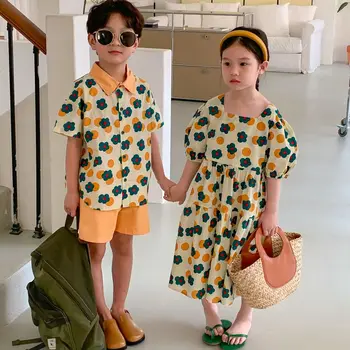 2023, летнее корейское платье для мальчиков и девочек с контрастными цветочными рукавами-пузырями, Комплект шорт с коротким рукавом, повседневный комплект одежды для маленьких девочек