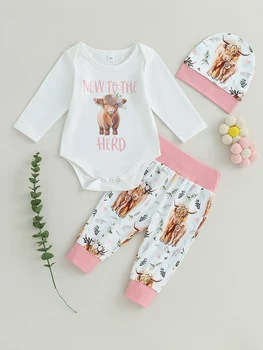 3 шт., очаровательный комплект летней одежды для новорожденных девочек в западном стиле с брюками для бега трусцой с коровьим принтом и ковбойской шляпой - идеальный вариант