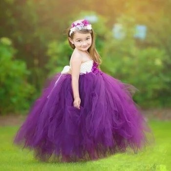 Милое платье-пачка с фиолетовыми лепестками цветов для девочек, детское тюлевое платье, бальное платье с повязкой на голову, детское праздничное платье для косплея