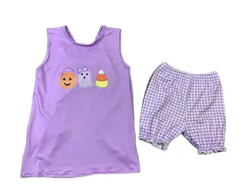 Комплект детской одежды для девочек Оптом, самый модный детский комплект в фиолетовую клетку на Хэллоуин Оптом