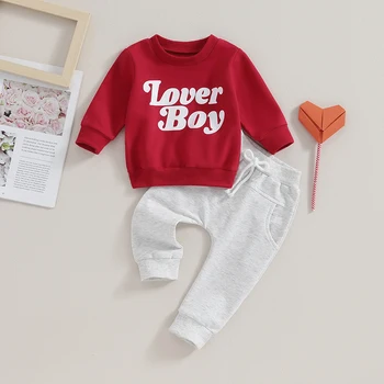 Одежда для маленьких мальчиков из 2 предметов с буквенным принтом на День Святого Валентина Толстовка с длинным рукавом и эластичные брюки Одежда для малышей