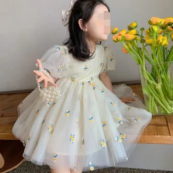 Юбка для девочек с круглым вырезом и до колен 2023, новое летнее платье принцессы из вуали с рукавами-пузырями, модное пышное бальное платье