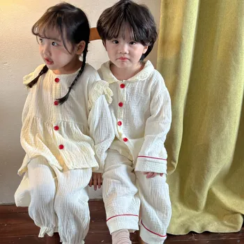 2023 Новая весенне-осенняя хлопковая однотонная Мягкая удобная домашняя одежда для детей, комплект детских пижам для мальчиков и девочек