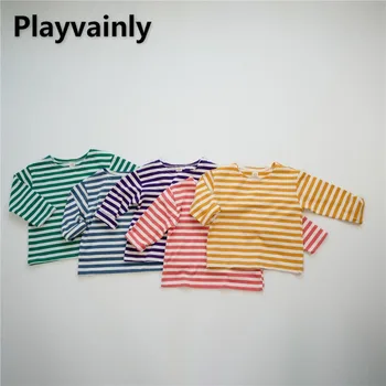 Корейский стиль, Новая весенне-осенняя детская футболка в полоску для девочек и мальчиков, круглый воротник, нижняя рубашка с длинными рукавами, детская одежда E23206