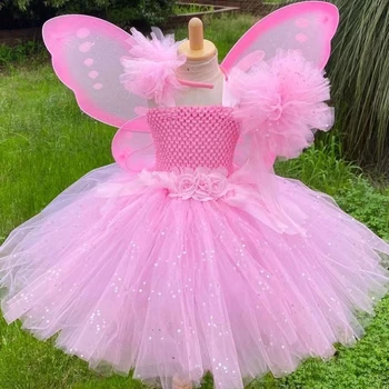 Розовое платье феи для девочек, детские блестящие платья-пачки с цветами и бантиком-крылышком для волос, детские костюмы на день рождения и Хэллоуин