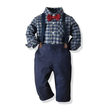 Клетчатая рубашка с длинными рукавами и лацканами на пуговицах для маленьких мальчиков, брюки на подтяжках, осенне-зимние комплекты одежды из 2 предметов