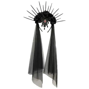 Свадебное платье на Хэллоуин, повязка на голову с вуалью, Готическая корона, Сетчатая Черная роза, ретро Европа и Америка, Рождественская ролевая игра, одевалка