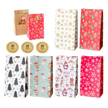 12 комплектов бумажных пакетов для рождественского угощения с наклейками Joy, набор рождественских подарков, набор крафт-сумок Санта-Клауса, 12x23 см