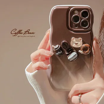 Для Iphone 11 12 13 14 Pro Max Plus Чехол для телефона Креативный милый объемный чехол-пончик в виде мишки из кофейных зерен с полными краями, защищающий от падения